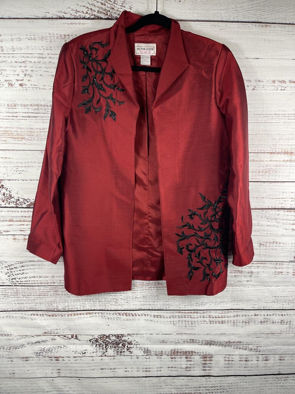 Victor Costa Blazer Women's S Red Silk Embroidered Beaded Floral Occasion Jacket